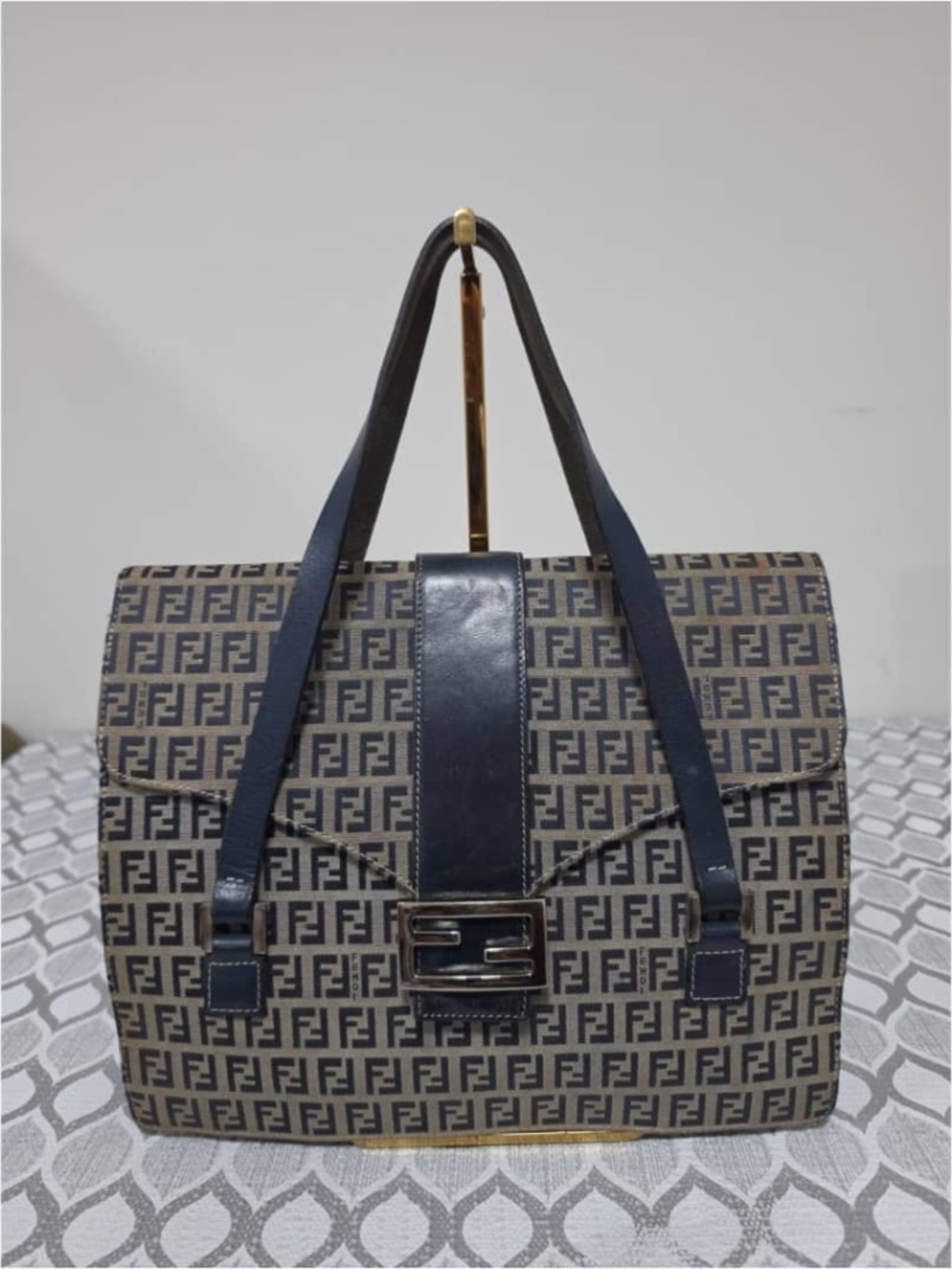 Authentic Fendi Vintage FF Zucca Canvas Square Shoulder Bag Navy Blue/Beige